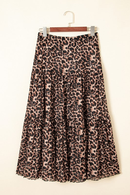 Leopard Floral Reversible Ruffle Hem Maxi Skirt