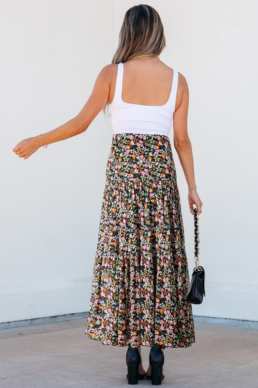 Leopard Floral Reversible Ruffle Hem Maxi Skirt