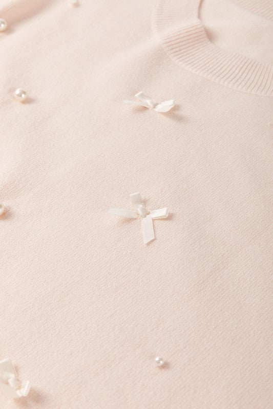 Pearl Bow Embellished Dolman Short Sleeve Sweater