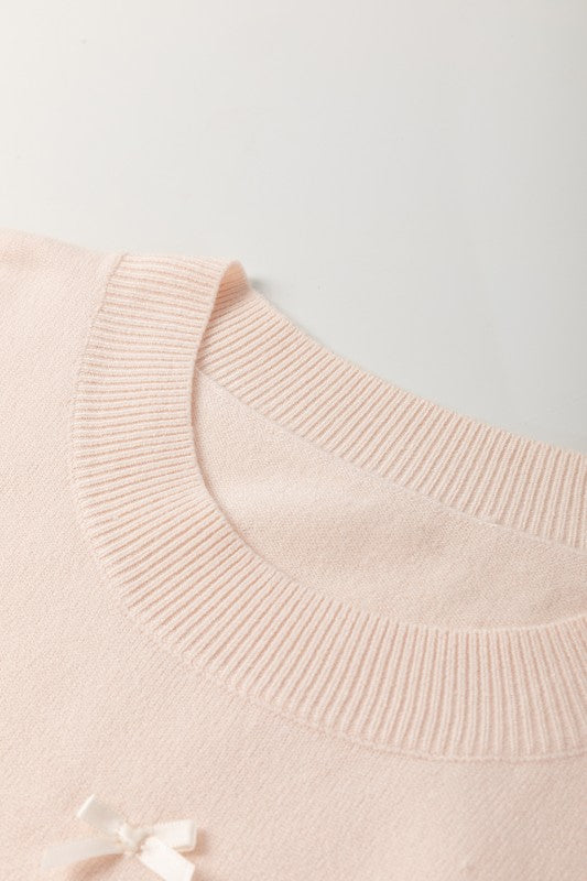 Pearl Bow Embellished Dolman Short Sleeve Sweater