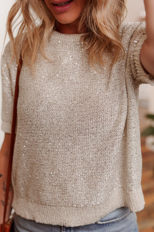 Shiny Knitted Short Sleeve Sweater