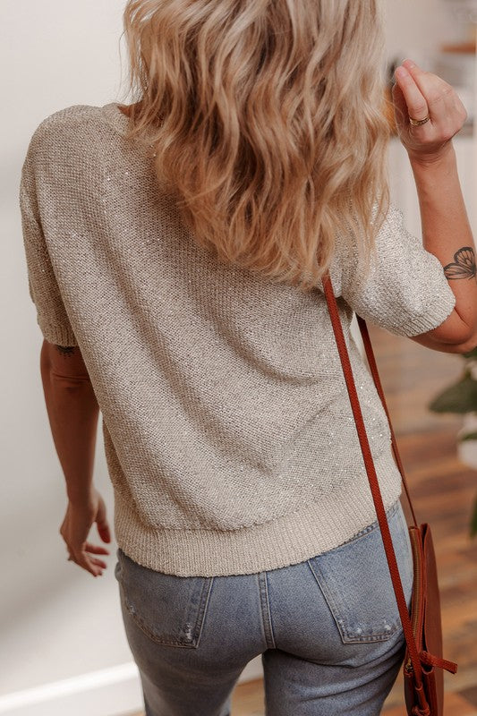 Shiny Knitted Short Sleeve Sweater