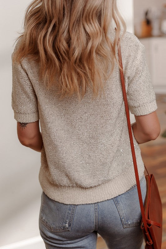 Shiny Knitted Short Sleeve Sweater