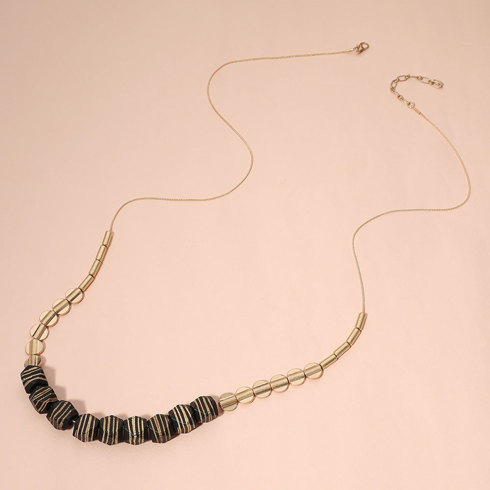 Wood Accented Metal Long Necklace