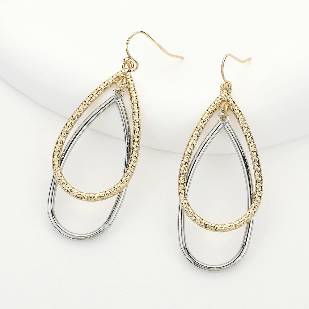 Textured Metal Double Teardrop Dangle Earrings