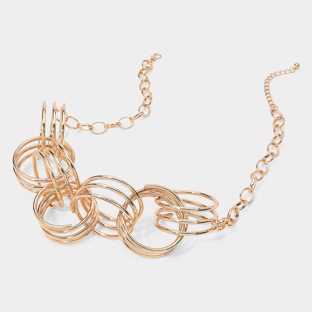 Abstract Triple Metal Wire Ring Link Statement Necklace