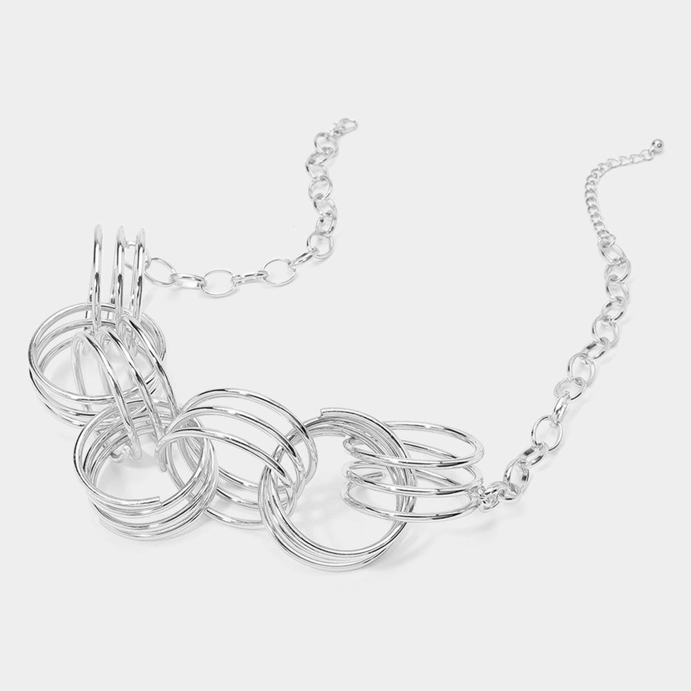 Abstract Triple Metal Wire Ring Link Statement Necklace