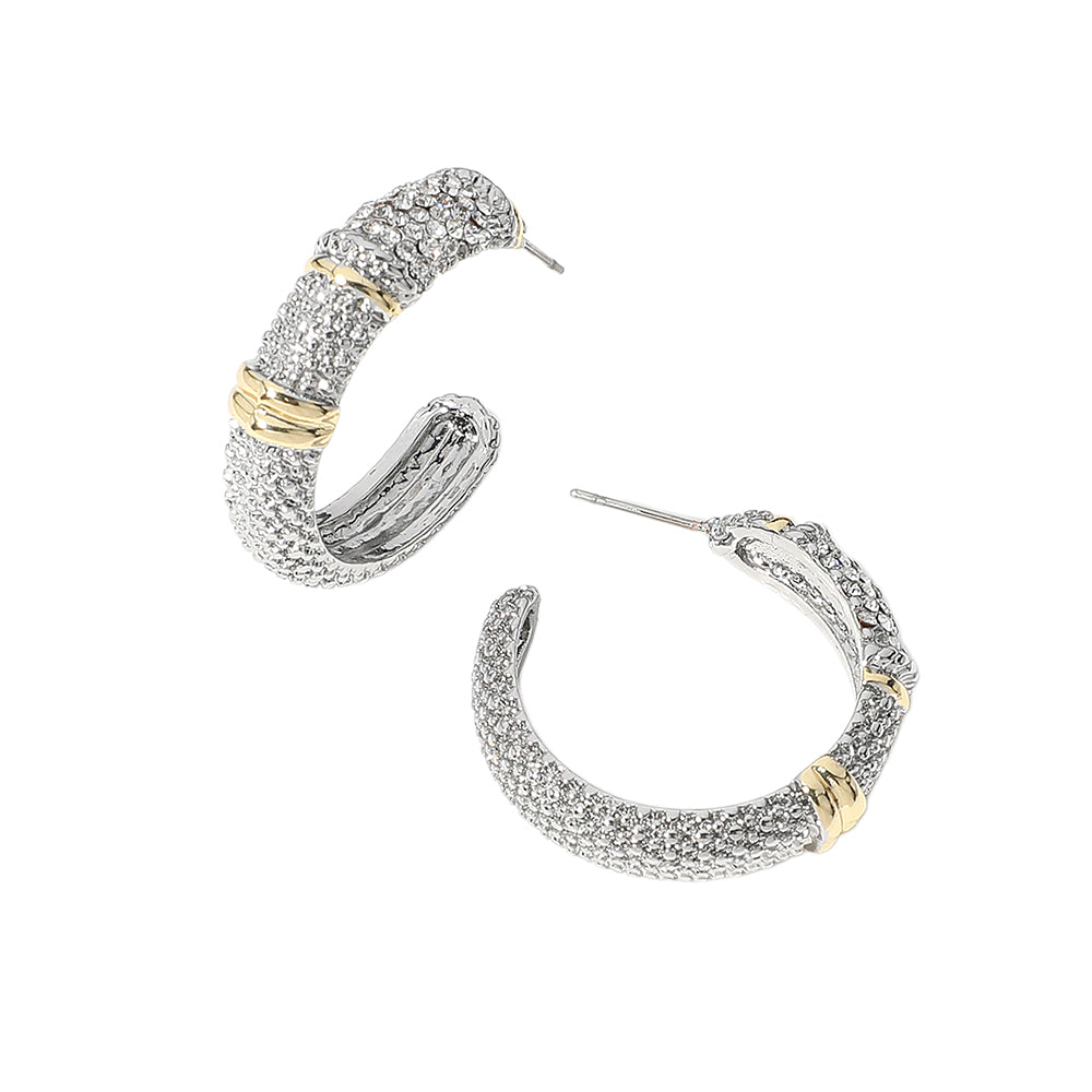Stone Paved Two Tone Hoop Earrings
