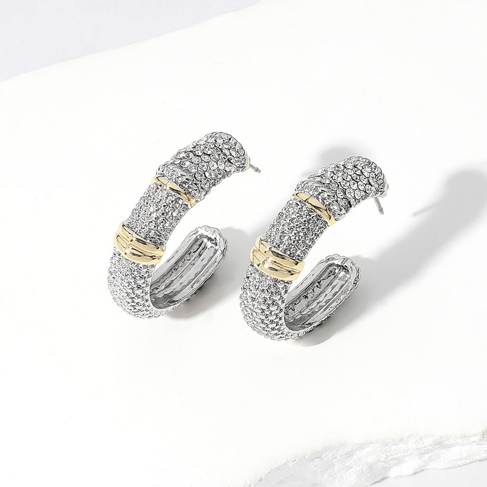 Stone Paved Two Tone Hoop Earrings