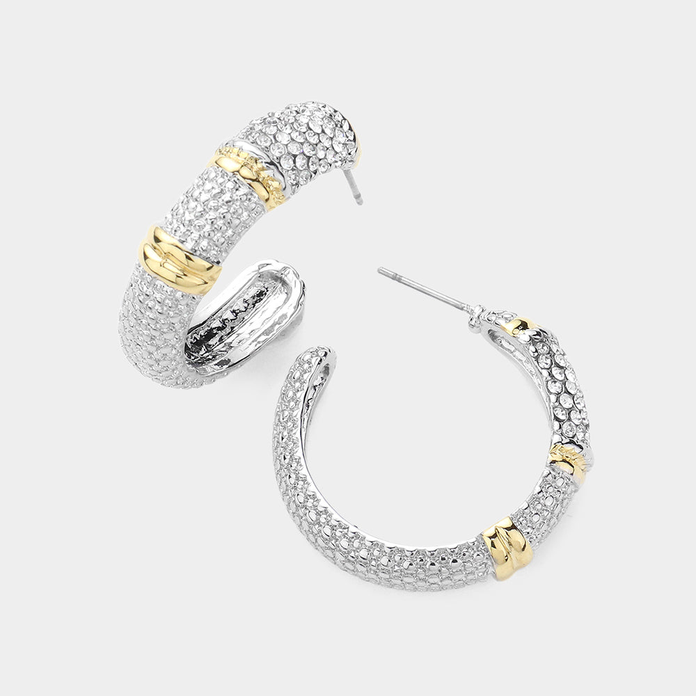 Stone Paved Two Tone Hoop Earrings