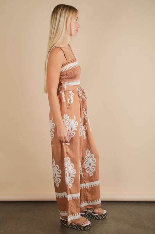 Boho Printed Smocking Detail Jumpsuit