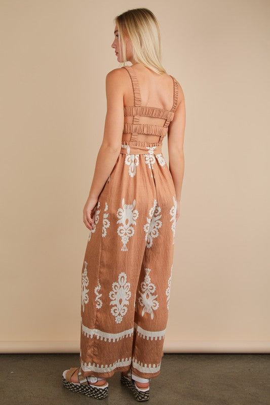 Boho Printed Smocking Detail Jumpsuit
