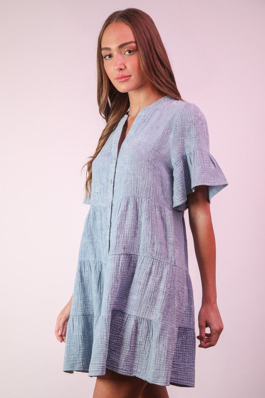 Mineral Washed Baby Bell Sleeve Woven Mini Dress