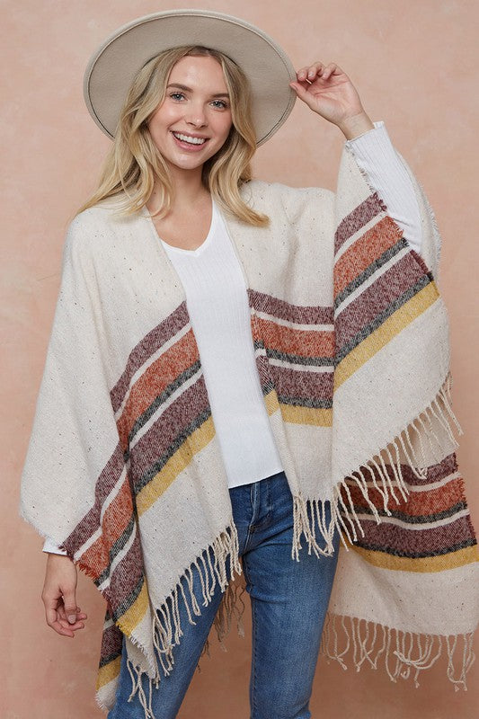 Sweater Shawl Wrap With Multi Stripe Pattern