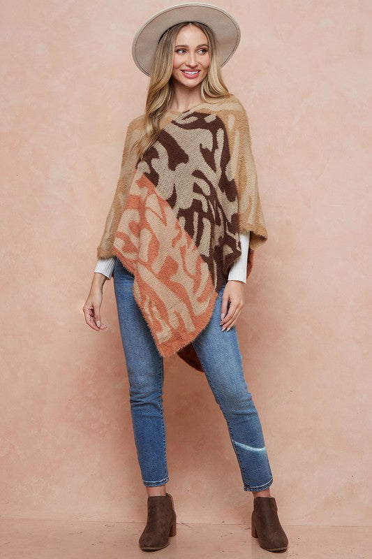 Cozy Eyelash Leopard Print V Neck Poncho
