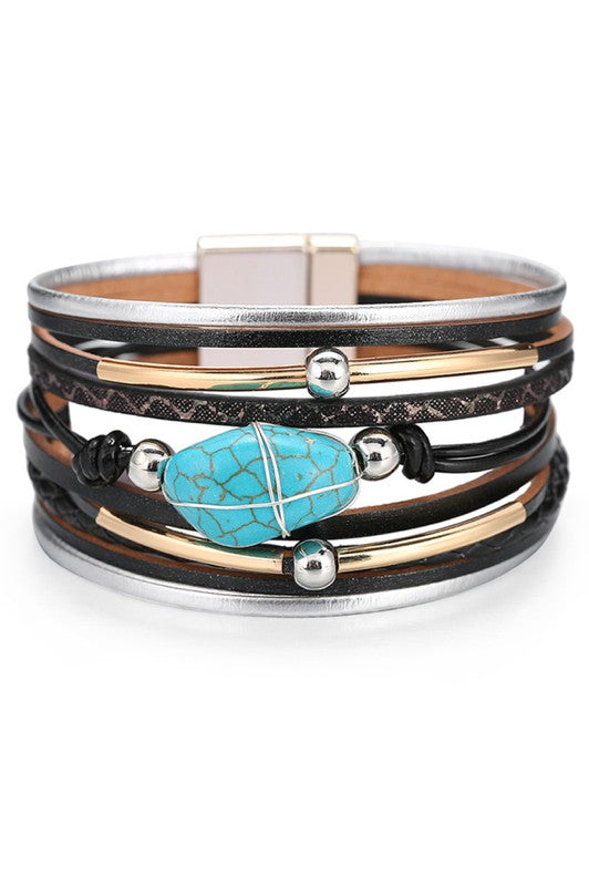 Multi Strand Leather Bracelet With Magnetic Clasp
