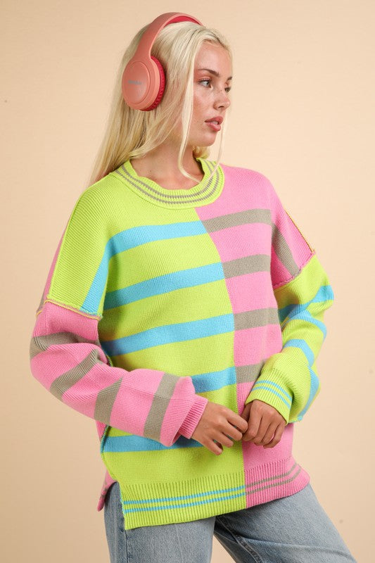 Color Block Oversized Striped Knit Sweater Top