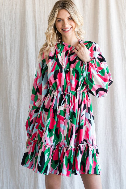 Colorful Floral Print Button-Up Drawstring Dress