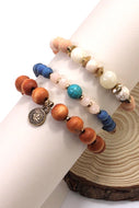 3 ROW COLOR WOOD NATURAL BEAD STRETCH BRACELET SET