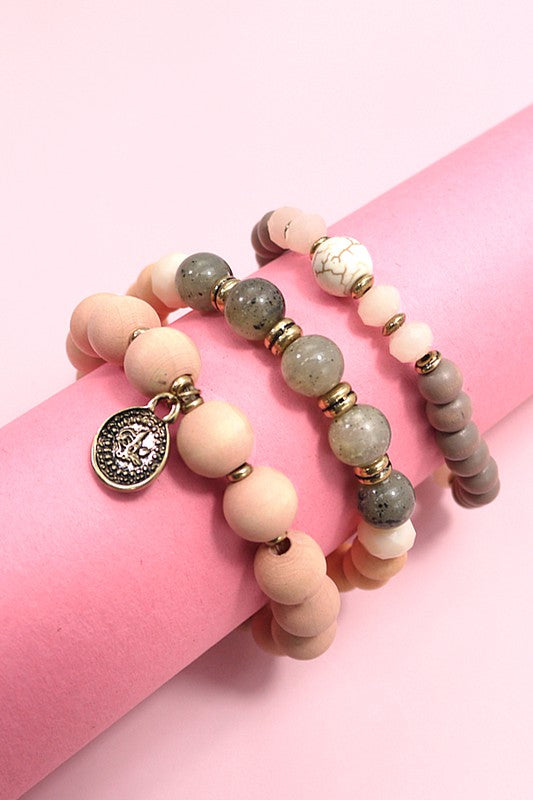 3 ROW WOOD NATURAL BEAD STRETCH BRACELET SET