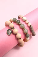 3 ROW WOOD NATURAL BEAD STRETCH BRACELET SET