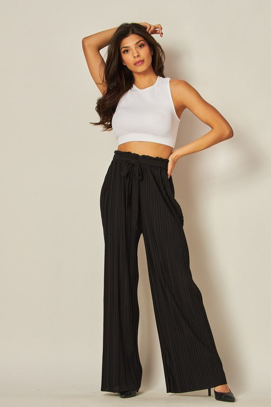 Pleated Paper bag Self Tie Wide Leg Pants