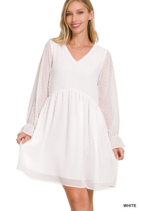 SWISS DOT LONG SLEEVE V-NECK DRESS