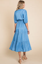 Load image into Gallery viewer, Chambray Tiered V Neck Smocked Waist Midi Dress
