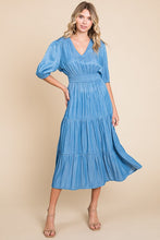 Load image into Gallery viewer, Chambray Tiered V Neck Smocked Waist Midi Dress
