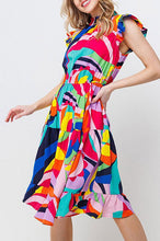 Load image into Gallery viewer, SHORT SLEEVE MOCK NECK MULTI COLOR MIDI DRESS
