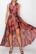 SLEEVELESS LEAF PRINT SURPLICE HIGH-LOW MAXI DRESS