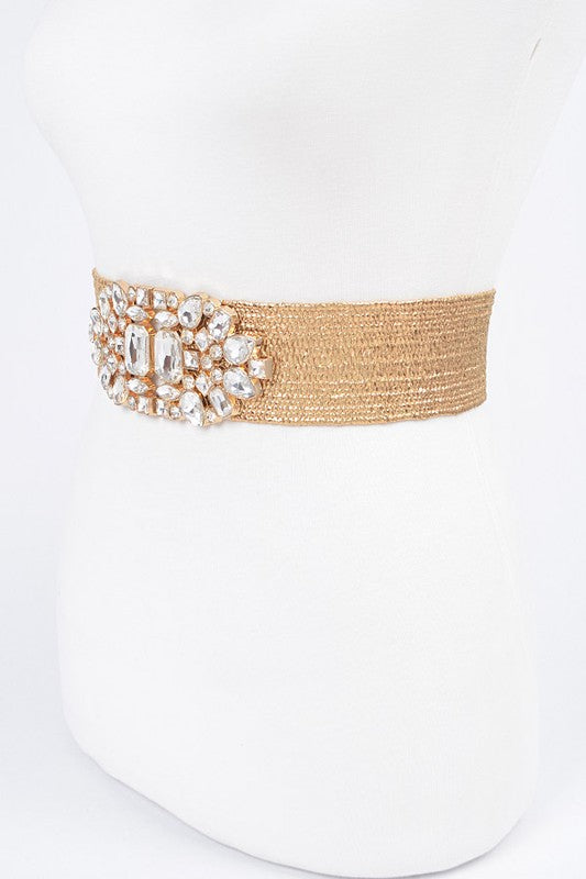 Multi Stone Metallic Straw Stretch Belt
