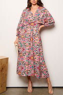 3/4 SLEEVELES V-NECK SMOCK WAIST MULTI PRINT DRESS