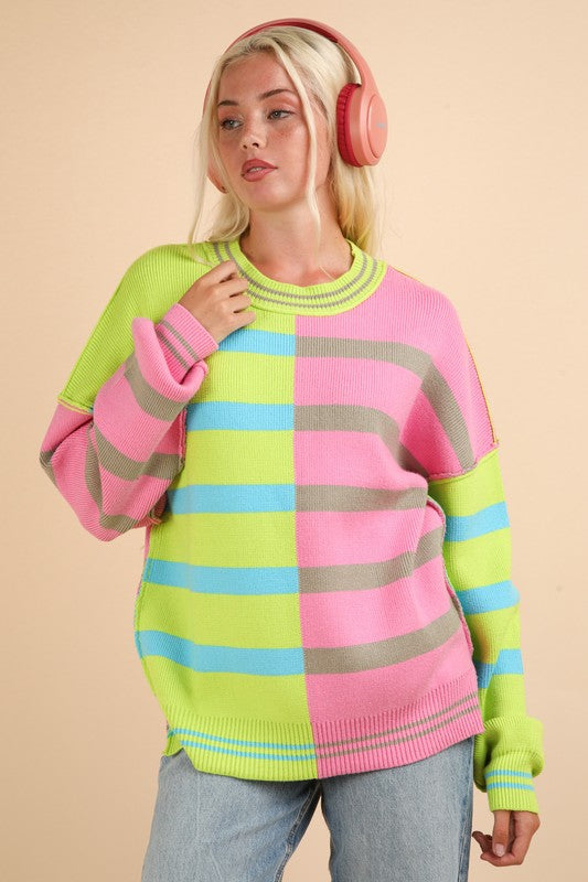 Color Block Oversized Striped Knit Sweater Top