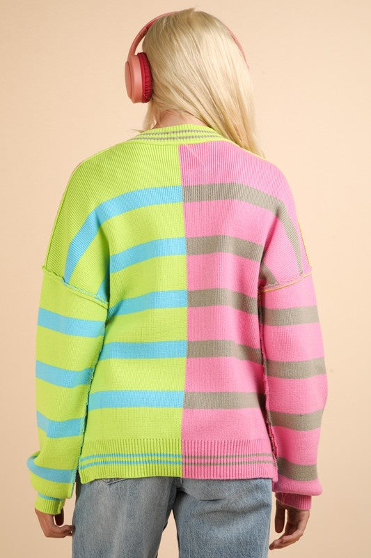 Color Block Oversized Striped Knit Sweater Top