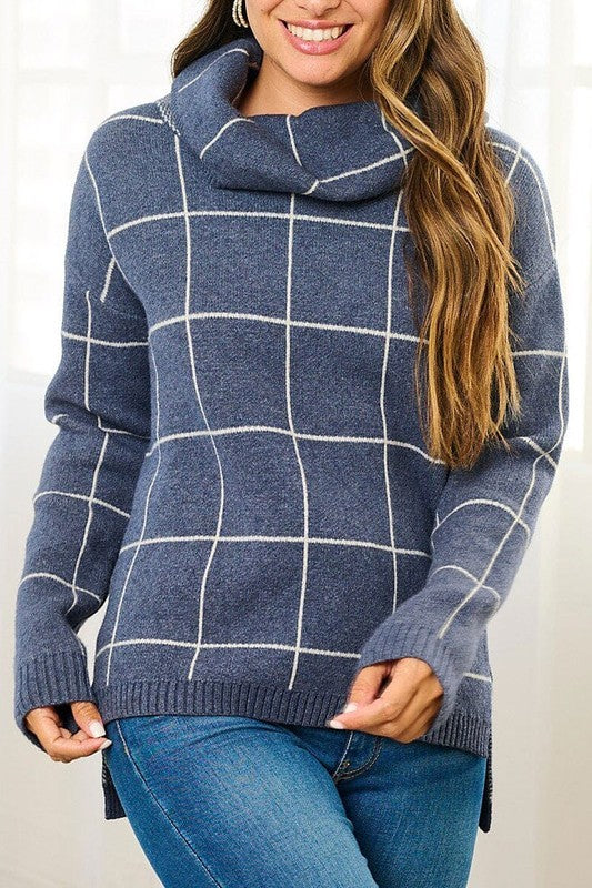 TURTLE NECK CHECKERS PRINT PULLOVER SWEATER