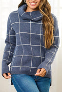 TURTLE NECK CHECKERS PRINT PULLOVER SWEATER