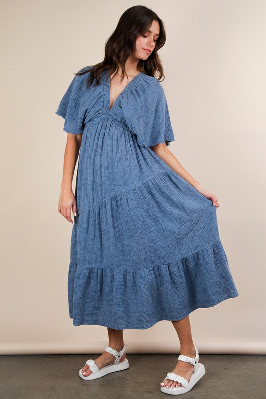 Mineral Washed Elastic Neck Detail Midi Dress