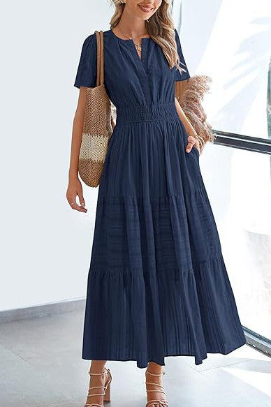 V-neck Pleated Short Sleeved Dress