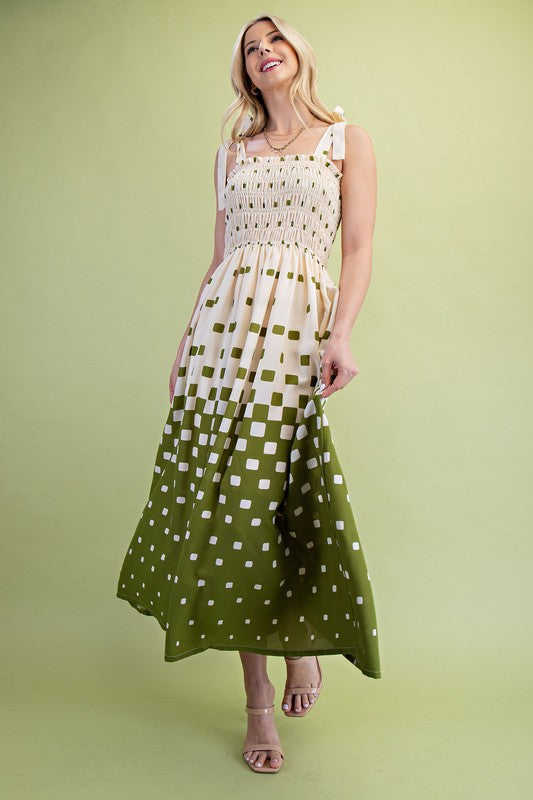 Pixel Print Smocked Bodice Maxi Dress