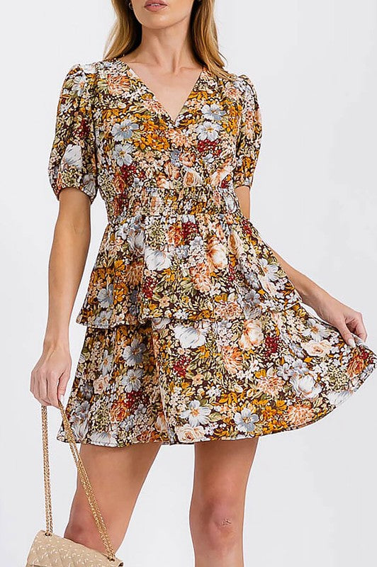 Floral Print Surplice Tiered Smock Mini Dress