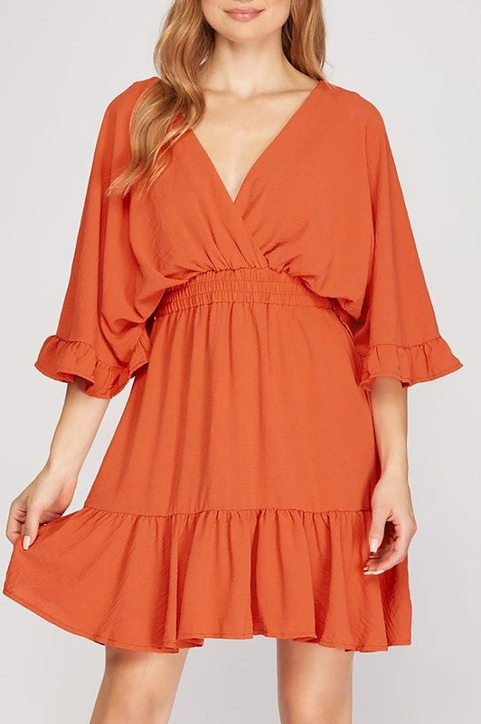 Ruffled Dolman Sleeves Elastic Waist Woven Dress