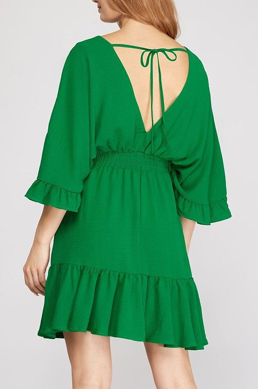 Ruffled Dolman Sleeves Elastic Waist Woven Dress
