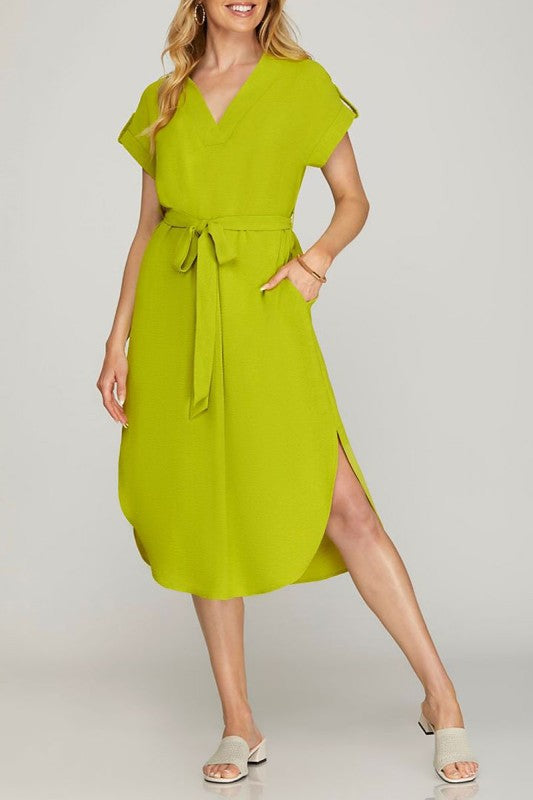 Drop Shoulder Waist Tie Side Pockets Woven Dress