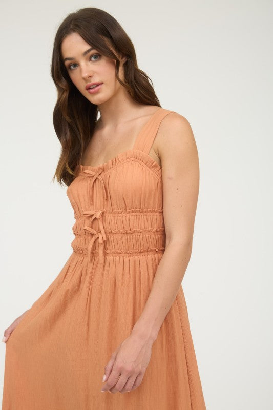 Shirred Front Tie Detail Sleeveless Midi Dress
