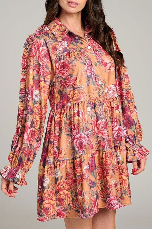 Floral Print Button Up Pockets Tiered Mini Dress