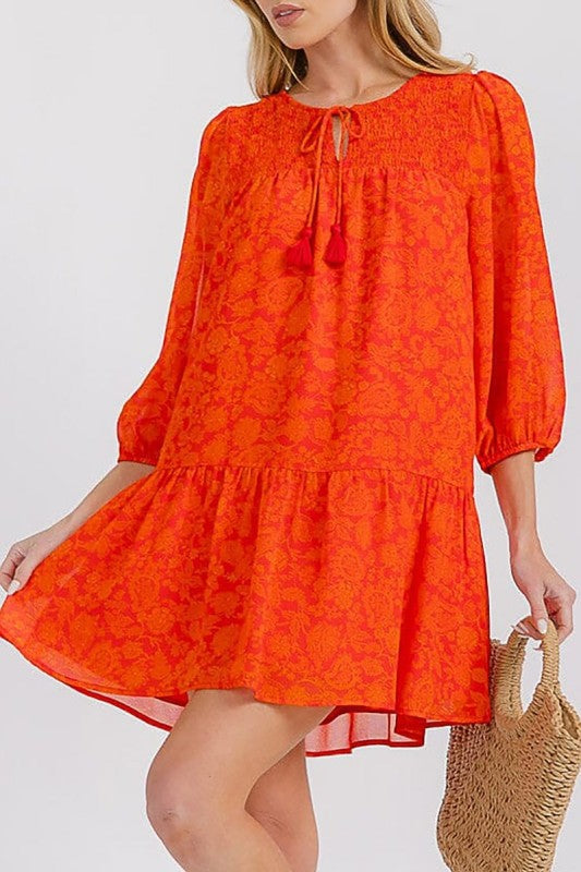 Floral Print V Neck Tiered Ruffle Mini Dress