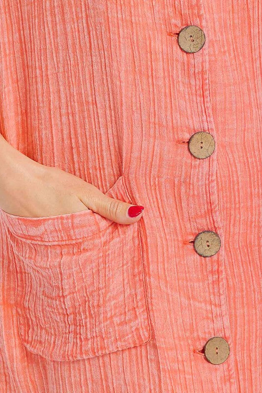 Short Sleeve Button Up Front Pockets Washed Dress