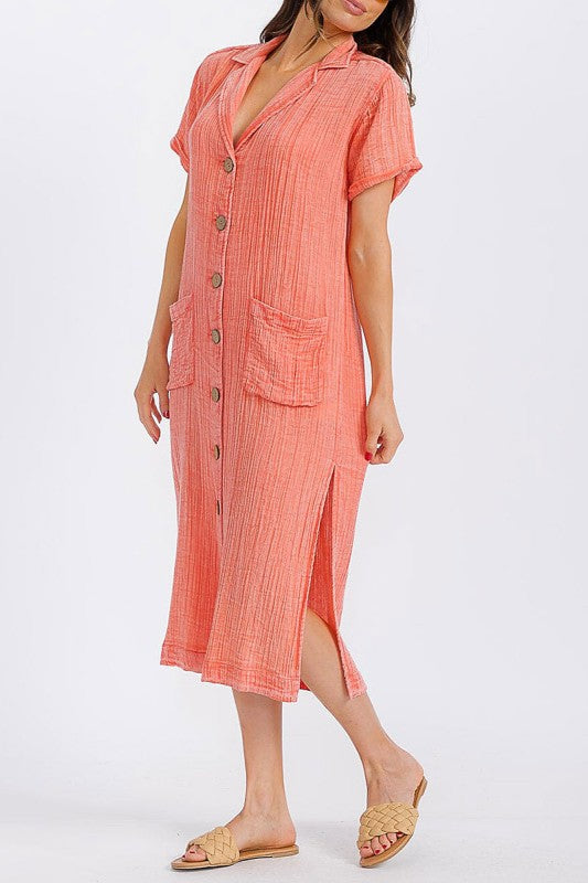Short Sleeve Button Up Front Pockets Washed Dress