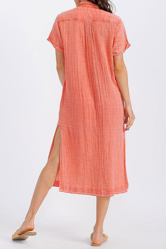 Short Sleeve Button Up Front Pockets Washed Dress